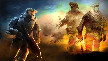 HD desktop wallpaper featuring a soldier from the video game Halo, with two additional soldiers in the background amidst a dynamic and colorful scene.