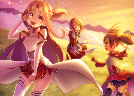 Vibrant HD wallpaper featuring characters Rika Shinozaki, Keiko Ayano, Silica, Lisbeth, and Asuna Yuuki from Sword Art Online, set against a picturesque sunset backdrop.