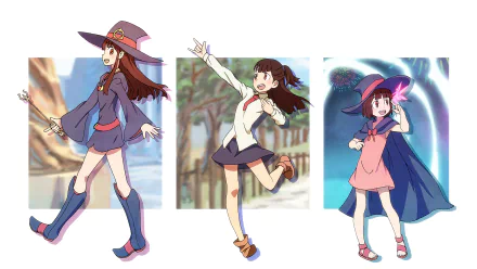 A vibrant HD desktop wallpaper featuring Atsuko Kagari from Little Witch Academia, showcasing her in three dynamic poses with her signature witch hat and magical elements.