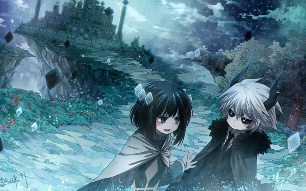 A captivating scene from The Gray Garden, featuring two characters in an enchanting landscape filled with crystals and a mystical castle, designed as a high-definition desktop wallpaper.