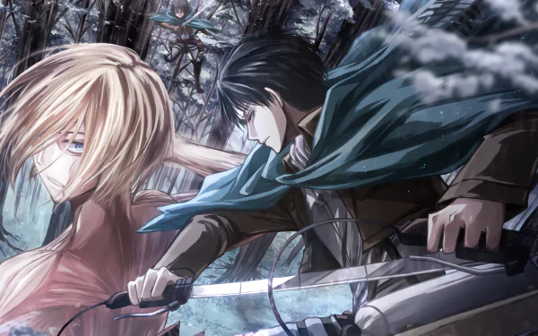 A dynamic scene from Attack on Titan, featuring blond-character Annie Leonhart and Levi Ackerman wielding swords amidst a forest backdrop, showcasing intense anime action.