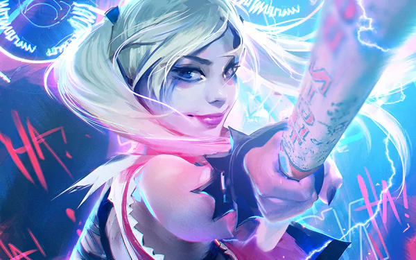 HD wallpaper featuring Harley Quinn from DC Comics' Suicide Squad, with blonde hair, blue eyes, and a baseball bat, smiling mischievously in vibrant, colorful art.
