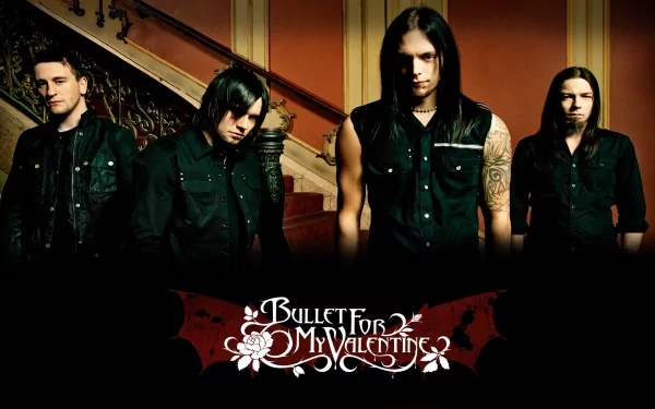 HD desktop wallpaper featuring Bullet For My Valentine. The band members are standing on a staircase, wearing dark clothing. The band's name is prominently displayed at the bottom center.