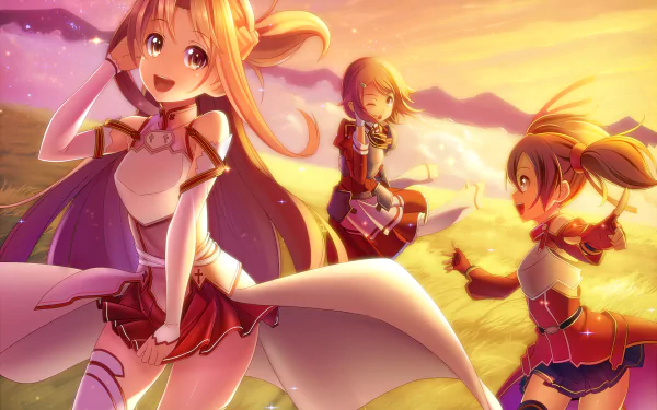 Vibrant HD wallpaper featuring characters Rika Shinozaki, Keiko Ayano, Silica, Lisbeth, and Asuna Yuuki from Sword Art Online, set against a picturesque sunset backdrop.