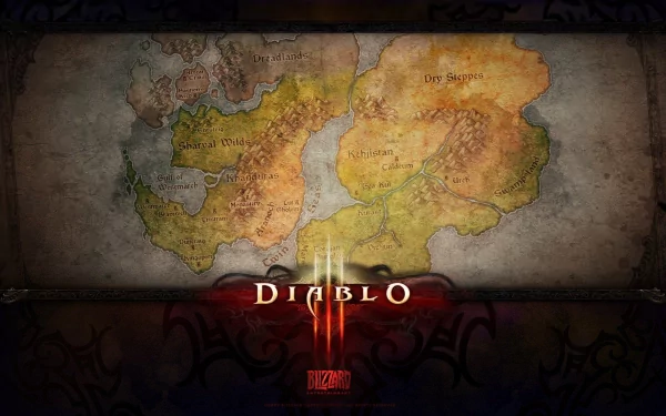 An HD desktop wallpaper featuring the map of Sanctuary from Diablo III, showcasing detailed landscapes and regions relevant to the game's lore.