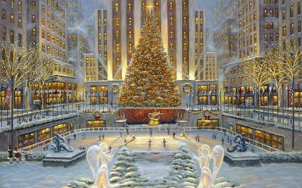 Artistic Painting Holiday Christmas Rockefeller Center Christmas Tree Skating Rink Light HD Wallpaper | Background Image