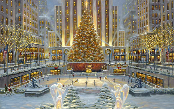 A splendid artistic painting of Rockefeller Center, featuring a festive Christmas tree and a bustling skating rink, all illuminated in holiday lights amidst a winter wonderland.