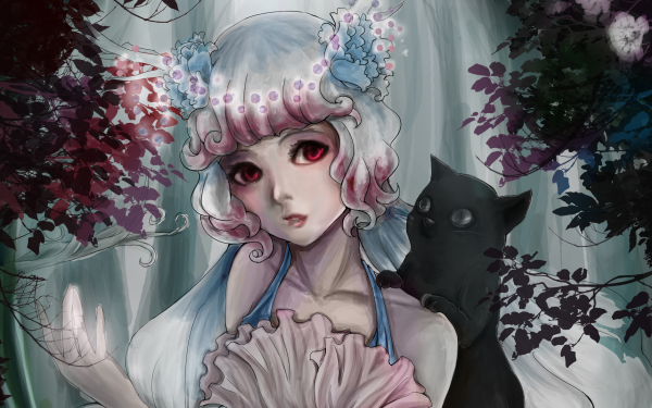 Women Artistic Painting Cat Tree Flower White Hair Short Hair Pink Eyes HD Wallpaper | Background Image