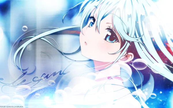 Anime HD PC desktop wallpaper of a Denpa Onna to Seishun Otoko character: pale-haired girl with long silver-blue hair gazing upward amid soft blue light and floating bubbles.