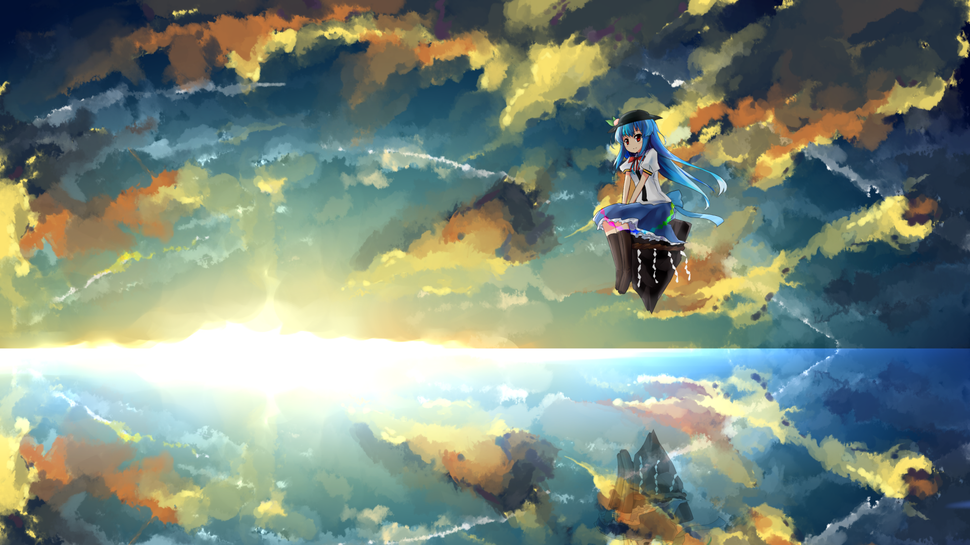 HD PC desktop wallpaper featuring Tenshi Hinanawi from the anime Touhou, set against a dramatic sky with vibrant clouds and a reflective water surface below.
