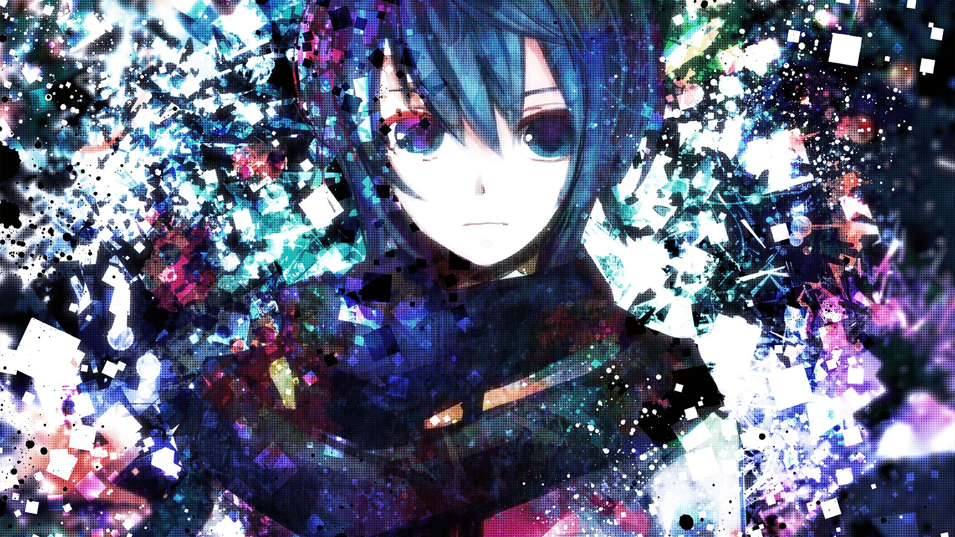 HD PC desktop wallpaper featuring Kaito from Vocaloid in a vibrant, fragmented anime-style background with bright blues, purples, and abstract digital effects.