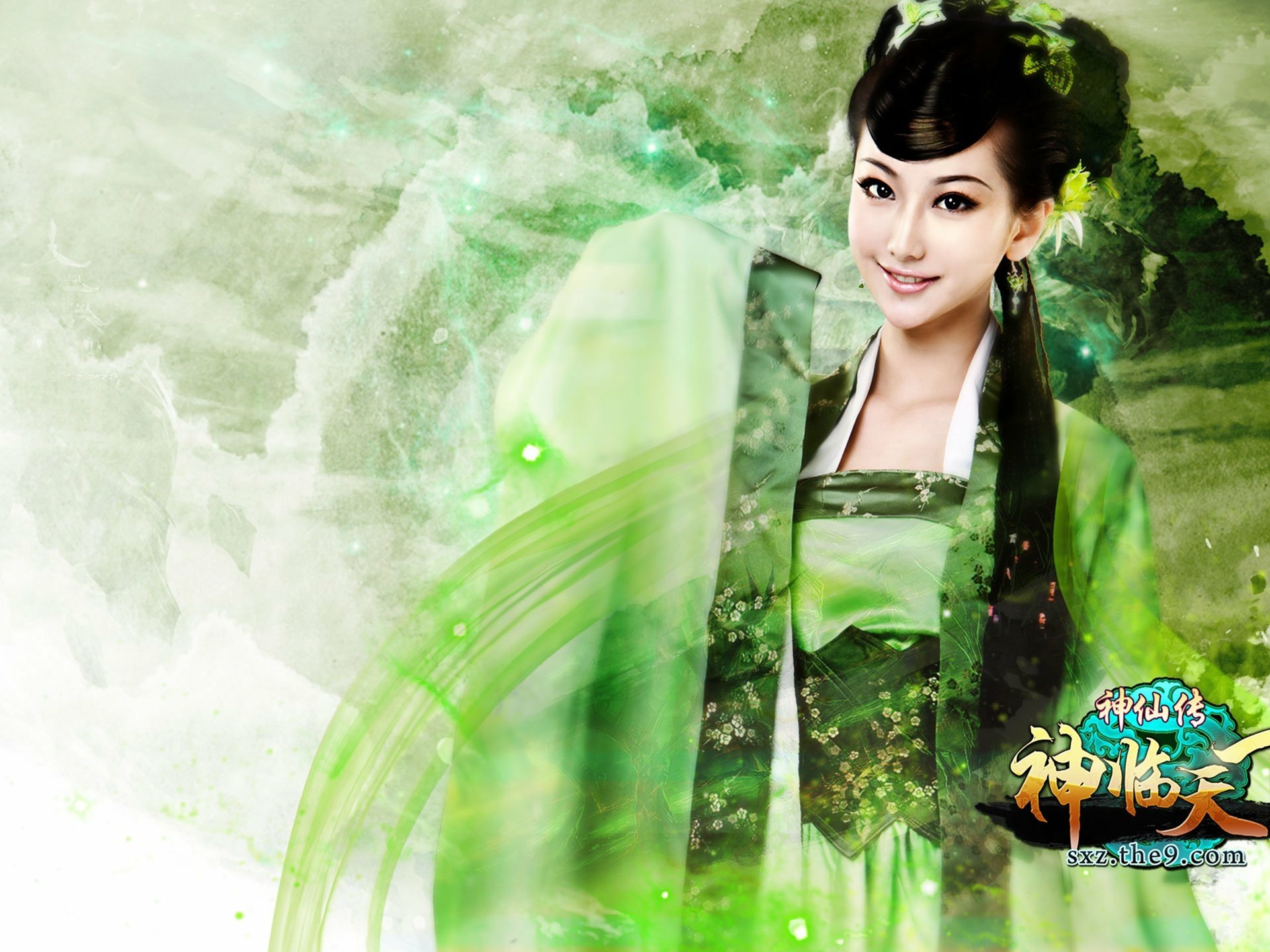 HD PC desktop wallpaper featuring an Asian woman in Jade Dynasty fantasy cosplay with green mystical effects and elegant traditional attire.