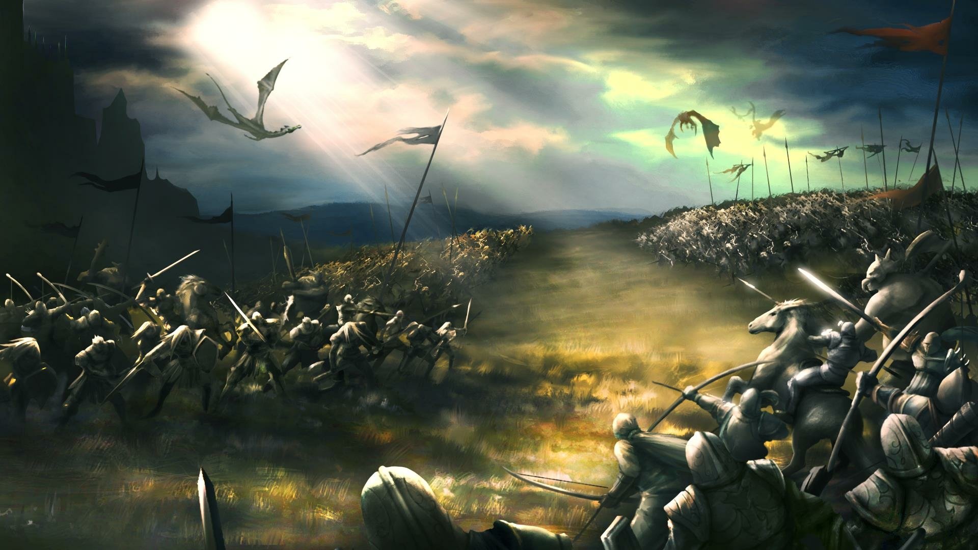 HD desktop wallpaper from the video game Fallen Enchantress, depicting two massive armies clashing under a dramatic sky with dragons flying overhead.