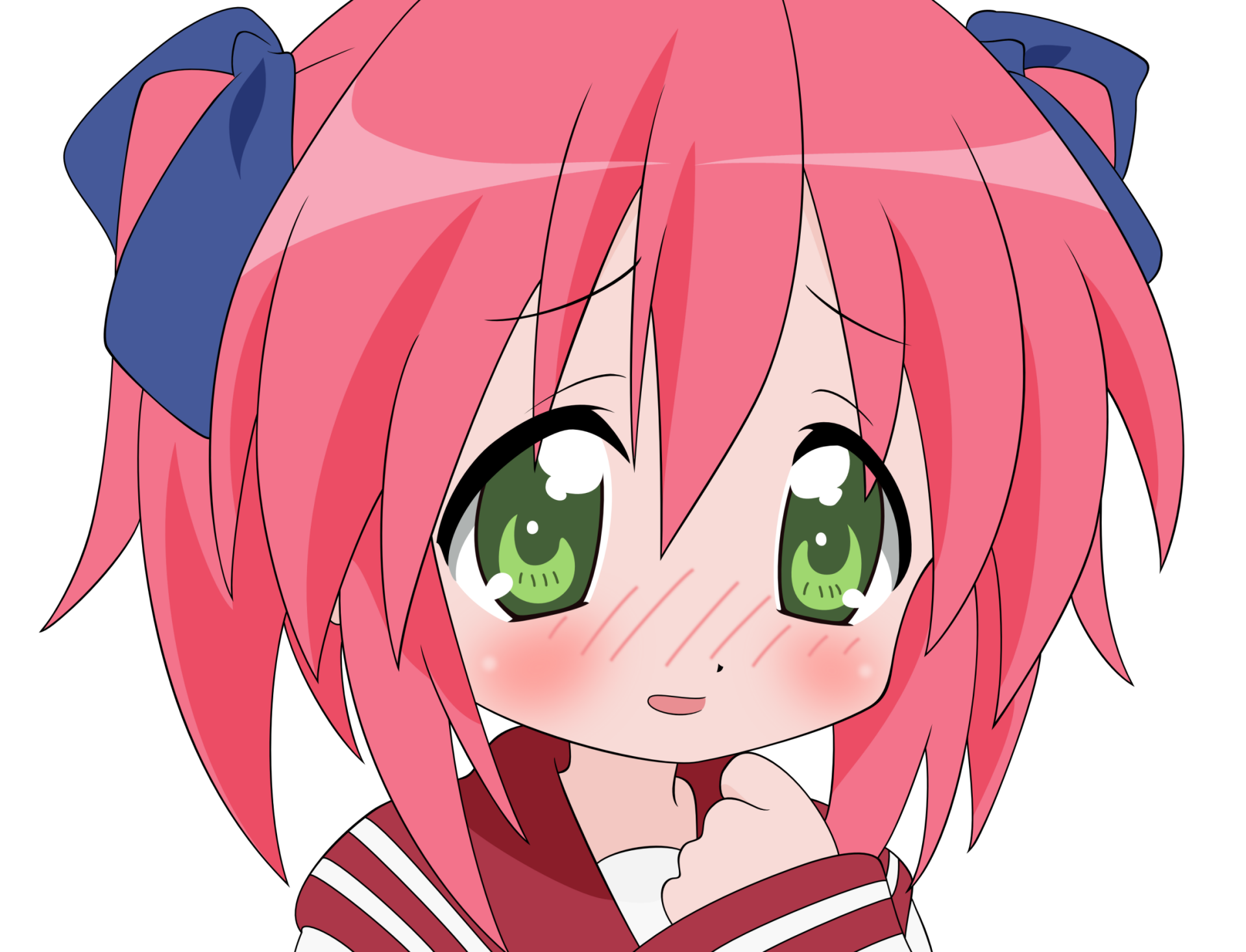 HD PC desktop wallpaper of a Lucky Star anime girl with pink hair, green eyes, blushing cheeks, and a shy smile.