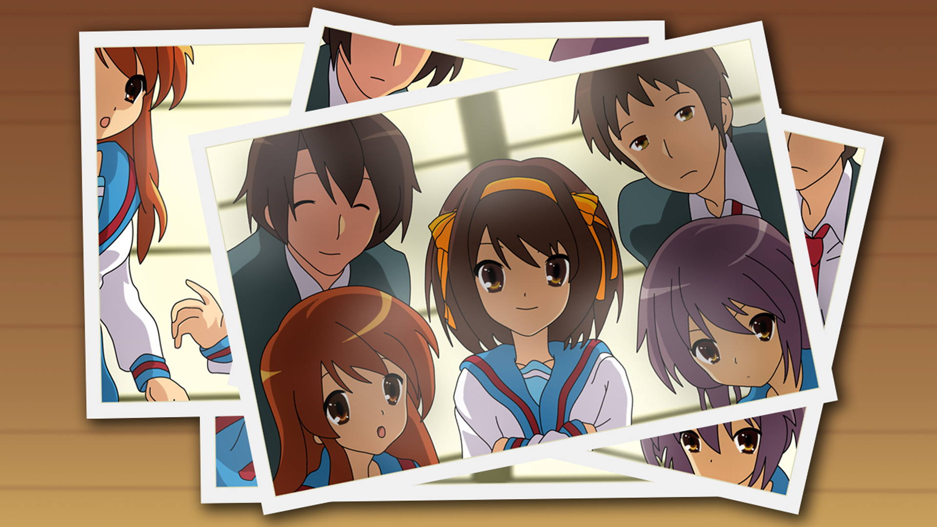 HD PC wallpaper of The Melancholy of Haruhi Suzumiya anime featuring Haruhi Suzumiya, Kyon, Yuki Nagato, Mikuru Asahina and Itsuki Koizumi in stacked photo-style frames.