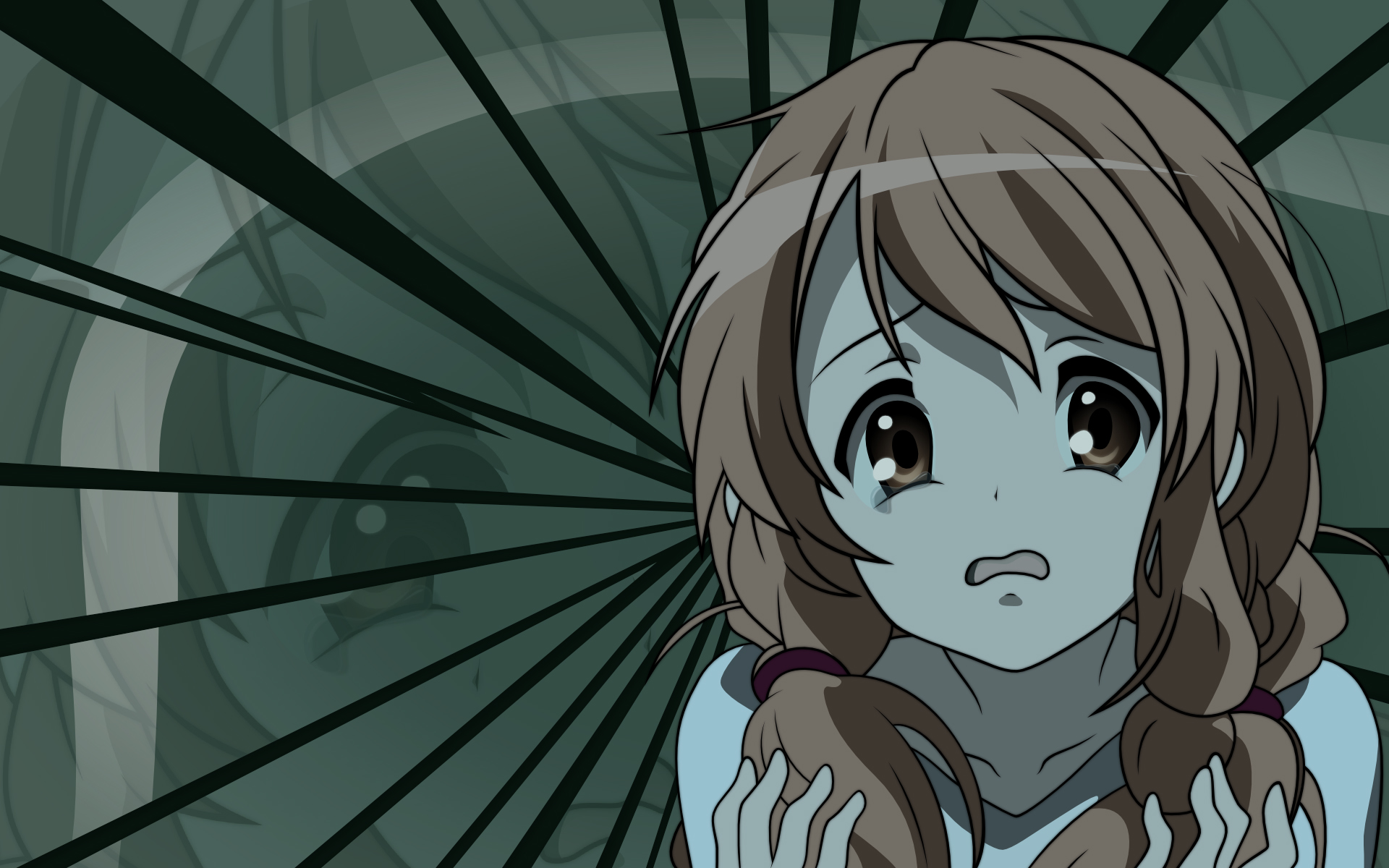HD PC desktop wallpaper from The Melancholy of Haruhi Suzumiya: wide-eyed, frightened anime girl with braided hair clutching her chest against a dramatic radial green-toned background.