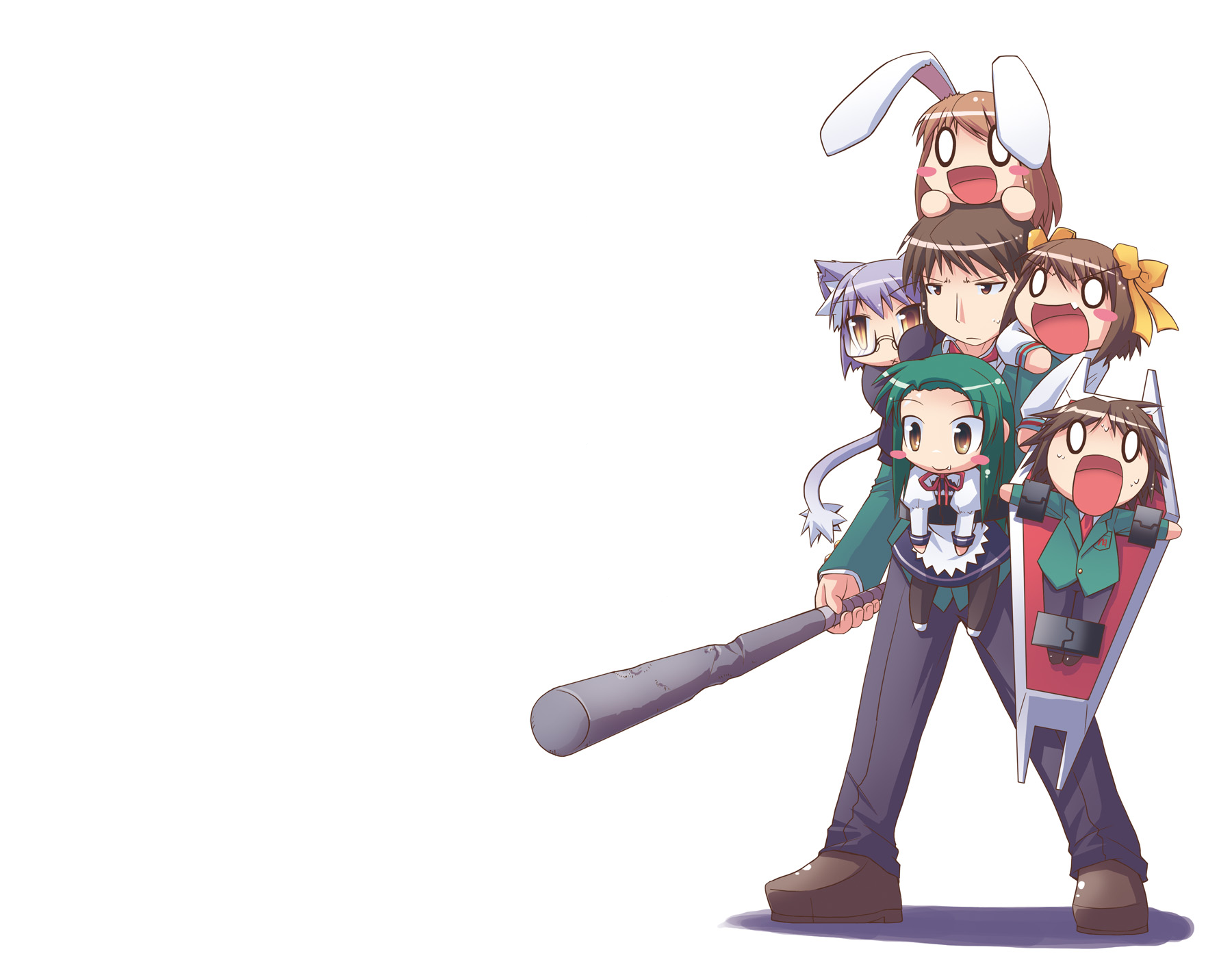 HD PC desktop wallpaper featuring chibi-style characters from the anime The Melancholy of Haruhi Suzumiya arranged playfully on a bright white background.