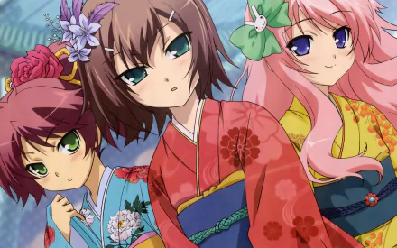 Anime HD PC desktop wallpaper: three Baka and Test characters in colorful kimonos with floral hair ornaments, close-up portrait against a soft blue background.
