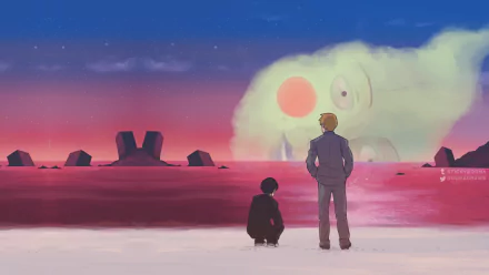A stunning HD wallpaper featuring Dimple from Mob Psycho 100 and Shigeo Kageyama, set against a vibrant sunset reminiscent of Neon Genesis Evangelion’s End of Evangelion.