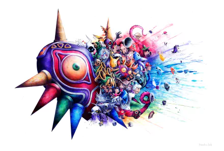 HD desktop wallpaper featuring Majora's Mask and characters from The Legend of Zelda: Majora's Mask, highlighting Link and iconic video game elements.