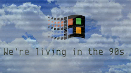 Artistic vaporwave wallpaper featuring a nostalgic Windows logo against a backdrop of clouds, with the text We're living in the 90s. A vibrant tribute to retro aesthetics.