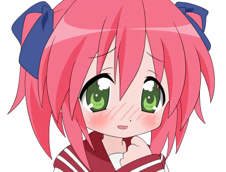 HD PC desktop wallpaper of a Lucky Star anime girl with pink hair, green eyes, blushing cheeks, and a shy smile.