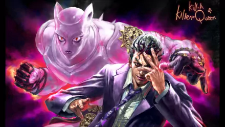 HD wallpaper featuring Yoshikage Kira and his Stand, Killer Queen, from Jojo's Bizarre Adventure: Diamond Is Unbreakable, set against a vibrant, dynamic background.