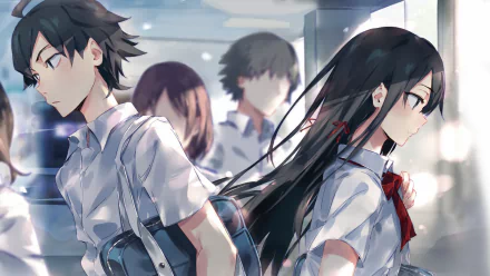 HD wallpaper featuring Yukino Yukinoshita and Hachiman Hikigaya from the anime My Teen Romantic Comedy SNAFU, set against a classroom background, showcasing their school uniforms and detailed anime art style.