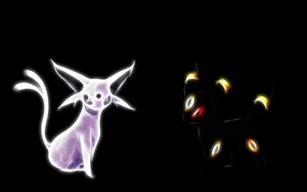 A high-definition desktop wallpaper featuring Umbreon and Espeon, two popular Eeveelutions from the Pokémon video game series, set against a dark background.