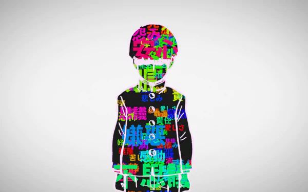 HD wallpaper featuring Shigeo Kageyama from the anime Mob Psycho 100, showcasing a colorful, abstract design that blends text and vibrant imagery.