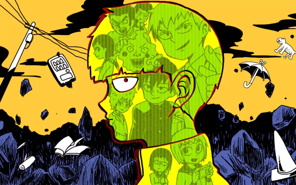 A vibrant anime wallpaper featuring Ritsu Kageyama, Dimple, and Shigeo Kageyama from Mob Psycho 100, set against a bold yellow background with dynamic elements.