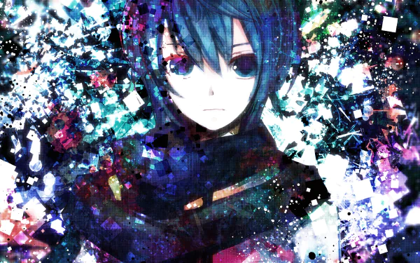 HD PC desktop wallpaper featuring Kaito from Vocaloid in a vibrant, fragmented anime-style background with bright blues, purples, and abstract digital effects.