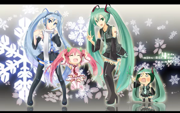 HD anime desktop wallpaper featuring Vocaloid characters Hatsune Miku, Sakura Miku, and Hachune Miku surrounded by large snowflakes in a winter-themed design.