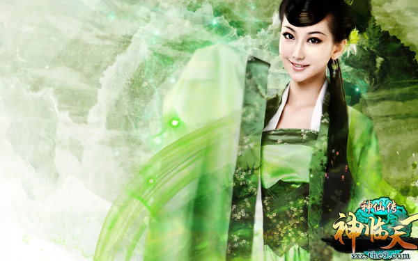 HD PC desktop wallpaper featuring an Asian woman in Jade Dynasty fantasy cosplay with green mystical effects and elegant traditional attire.