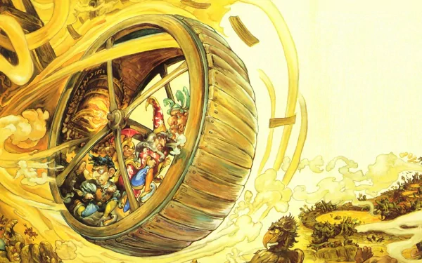 A vibrant fantasy scene featuring a wizard and a fantastical wheel, bursting with energy and colorful characters, creates an enchanting HD wallpaper for desktop backgrounds.