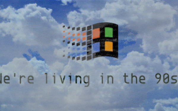 Artistic vaporwave wallpaper featuring a nostalgic Windows logo against a backdrop of clouds, with the text We're living in the 90s. A vibrant tribute to retro aesthetics.