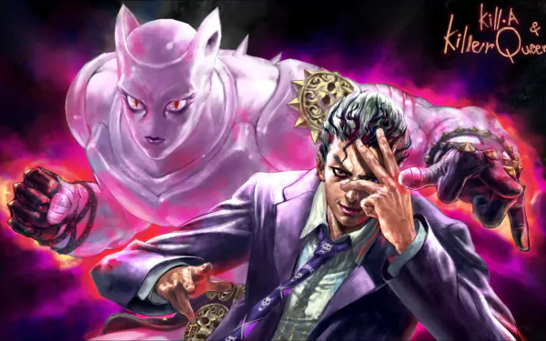 HD wallpaper featuring Yoshikage Kira and his Stand, Killer Queen, from Jojo's Bizarre Adventure: Diamond Is Unbreakable, set against a vibrant, dynamic background.