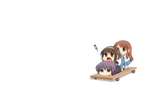 HD PC desktop wallpaper: chibi trio from The Melancholy of Haruhi Suzumiya — Haruhi, Yuki, and Mikuru on a small wooden cart at the lower-right against white space.