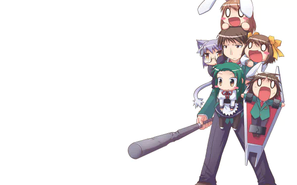 HD PC desktop wallpaper featuring chibi-style characters from the anime The Melancholy of Haruhi Suzumiya arranged playfully on a bright white background.