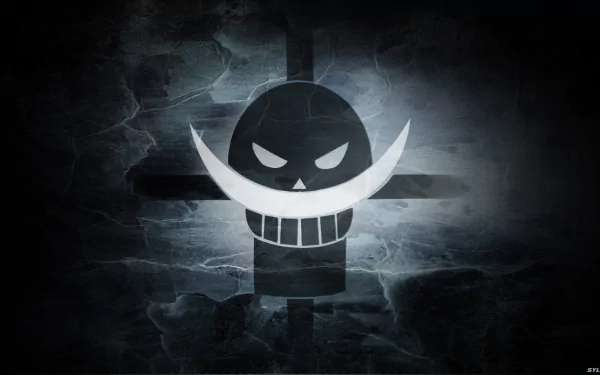 HD desktop wallpaper featuring a menacing skull with a crescent moon grin from the anime One Piece Film: Gold. The dark, textured background adds a dramatic flair.