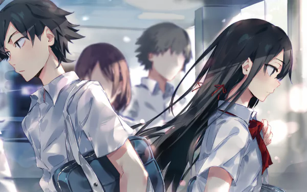 HD wallpaper featuring Yukino Yukinoshita and Hachiman Hikigaya from the anime My Teen Romantic Comedy SNAFU, set against a classroom background, showcasing their school uniforms and detailed anime art style.