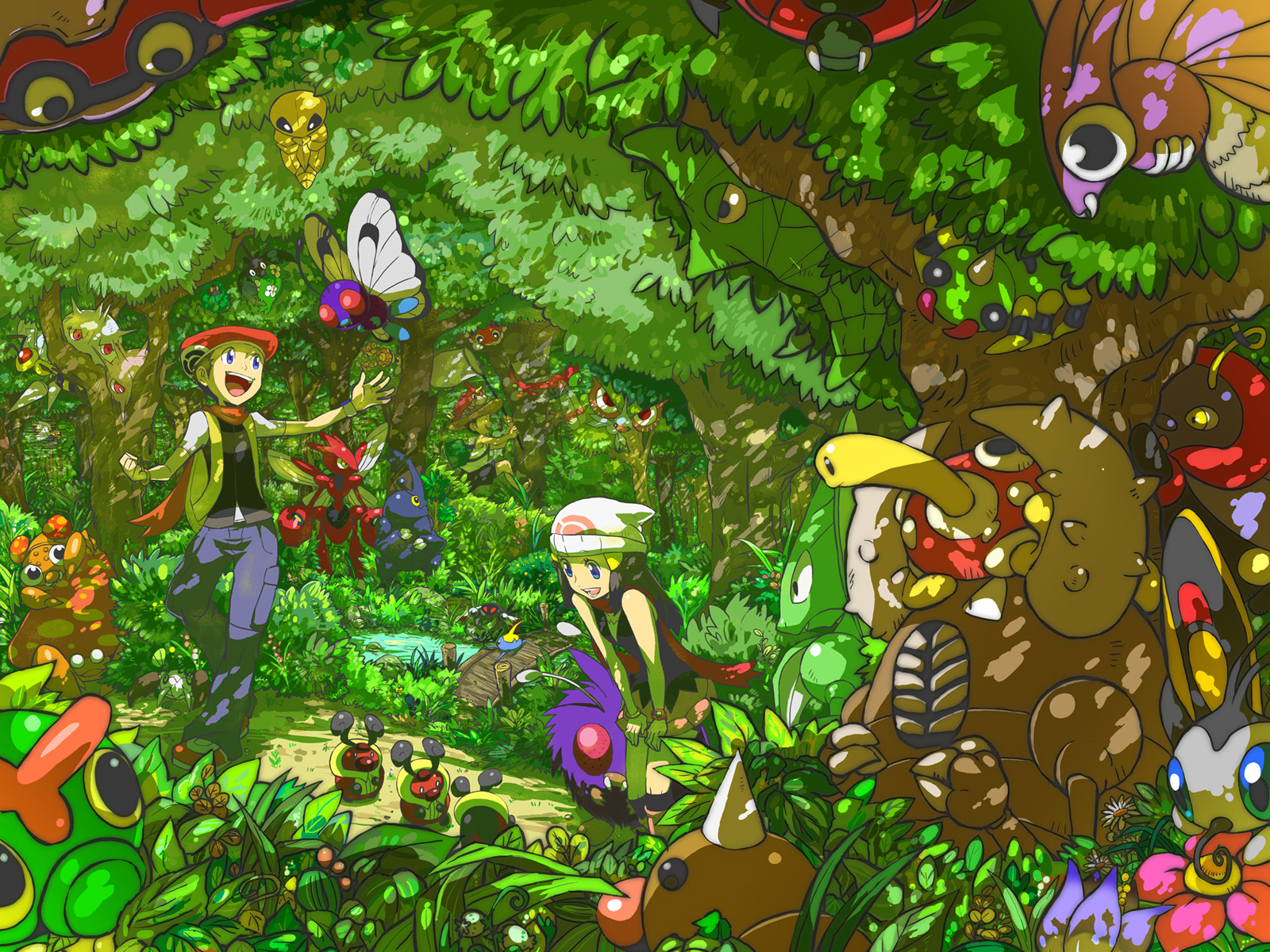 Pokemon Dawn and Lucas with Bug Catcher in lush green forest.