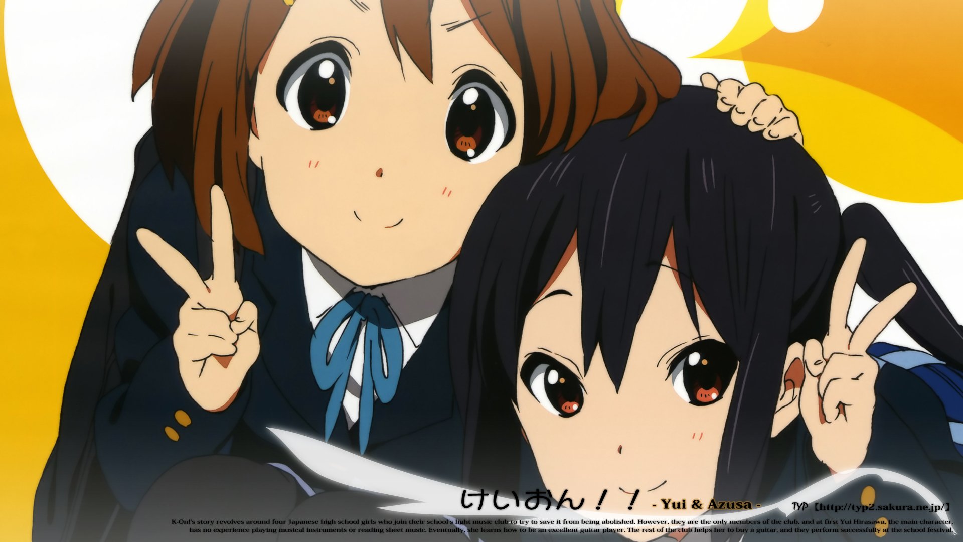 Anime HD desktop wallpaper of K-ON! characters Yui Hirasawa and Azusa Nakano smiling and flashing peace signs; Yui pats Azusa's head.
