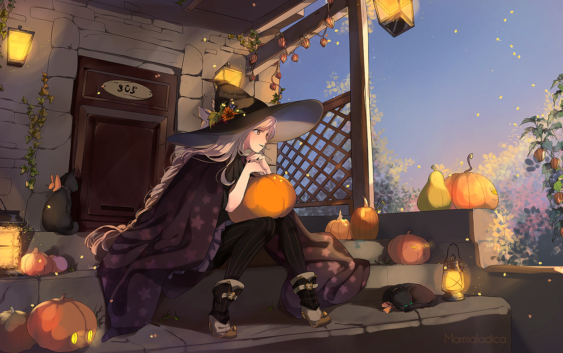 Anime-style Halloween scene of a girl in a witch costume sitting on a porch surrounded by glowing pumpkins, designed as an HD PC desktop wallpaper background.