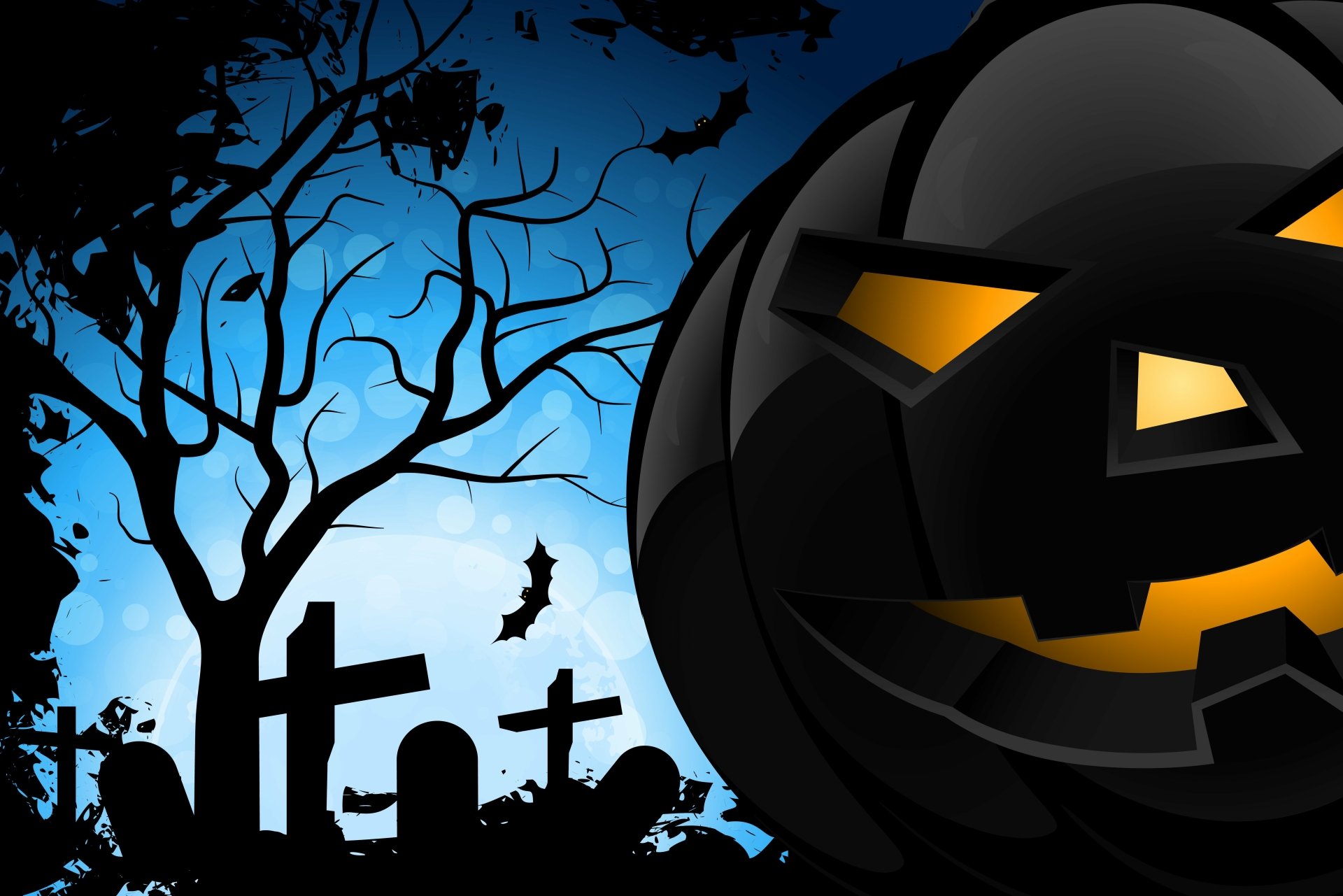 4K Ultra HD Halloween-themed desktop wallpaper featuring a glowing jack-o'-lantern, silhouetted crosses, bats, and a creepy bare tree against a dark blue night sky.