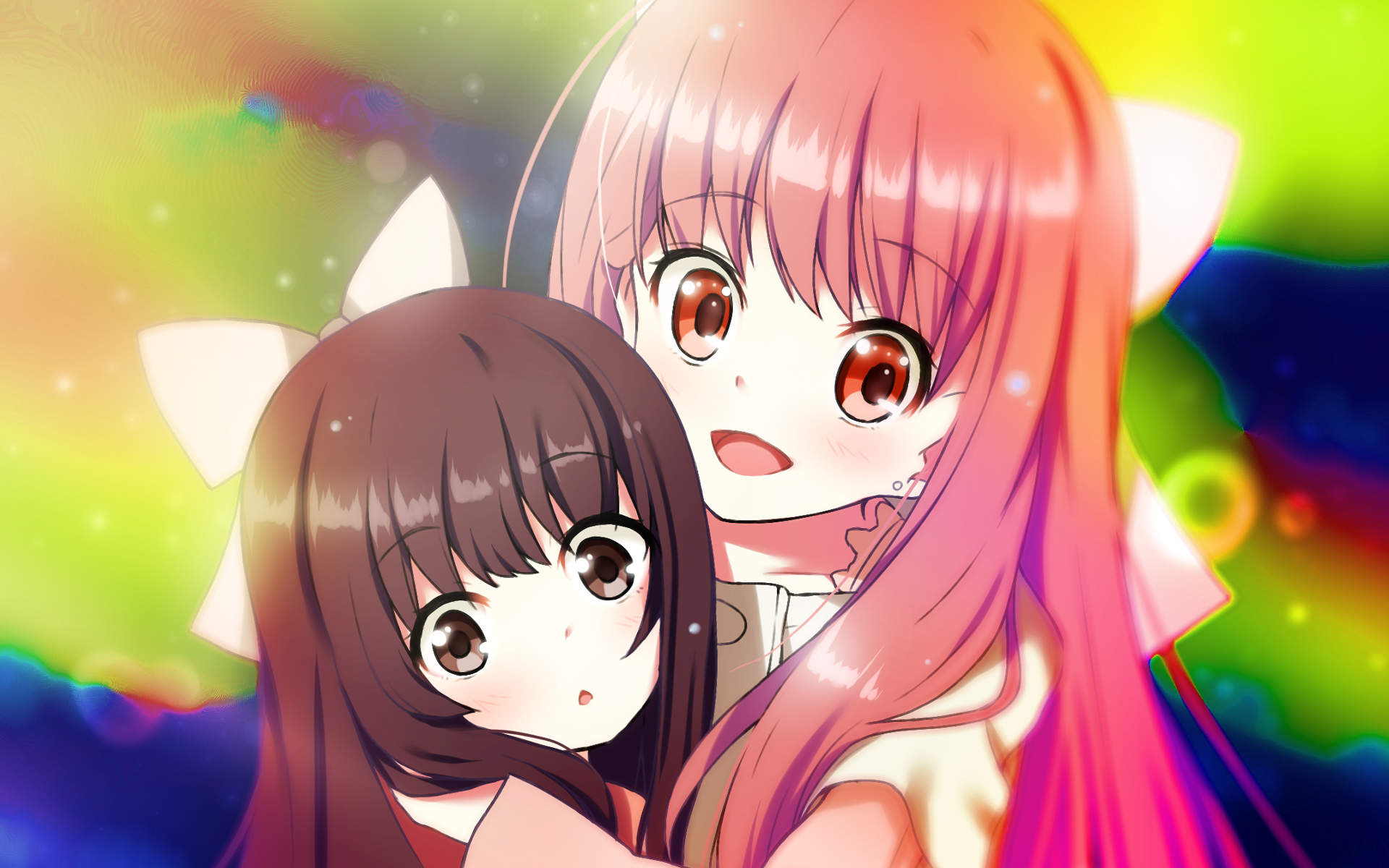 Anime-style HD PC desktop wallpaper featuring Rin from Shelter, depicting two girls with vibrant hair colors and expressive eyes against a colorful background.
