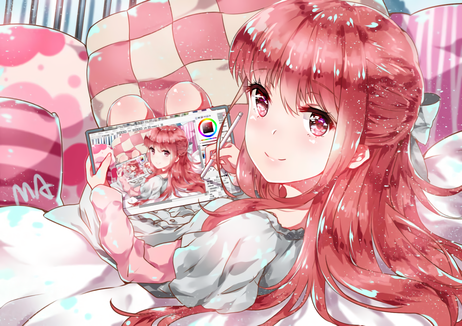 HD anime desktop wallpaper featuring a red-haired girl from Shelter, holding a device displaying her own image in a cozy, pastel-colored setting.
