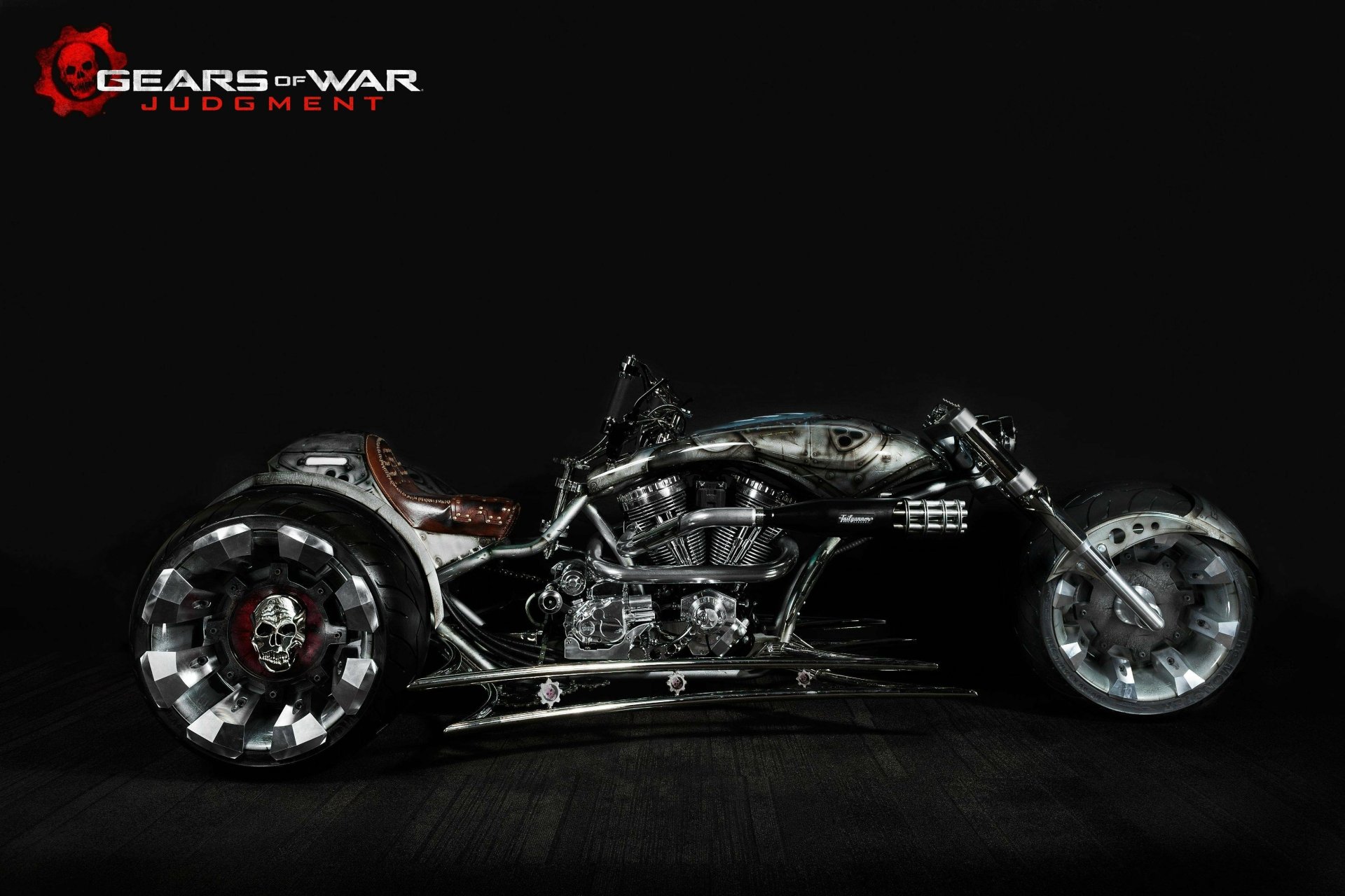 HD desktop wallpaper showcasing a custom chopper motorcycle from the video game Gears of War: Judgment against a dark background.