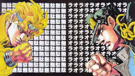 A dynamic HD wallpaper featuring Dio Brando and Jotaro Kujo from Jojo's Bizarre Adventure, showcasing their intense rivalry against a bold graphic background.