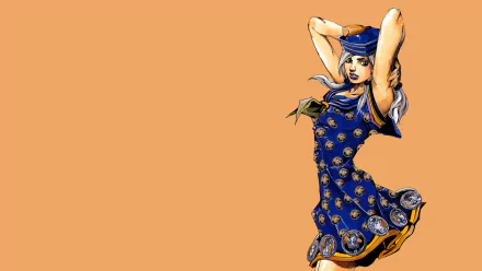 Anime character from Jojo's Bizarre Adventure in a blue dress and hat, featured as an HD PC desktop wallpaper with a solid orange background.